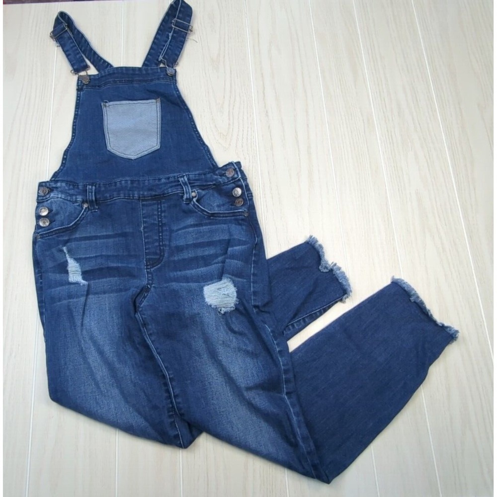 Celebrity Pink women 5/27 blue jean bib overalls distressed‎ raw hem skinny
